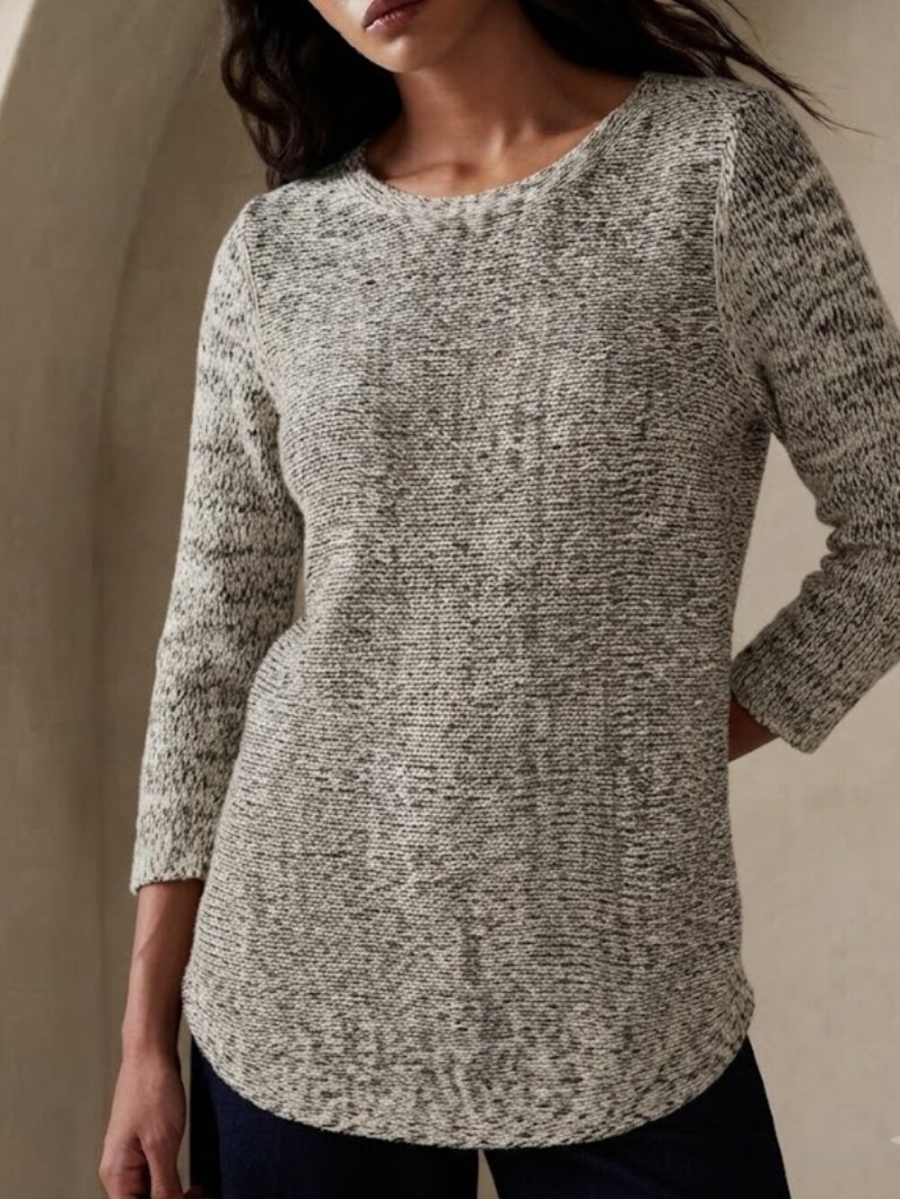 Eileen Fisher Marled Organic Cotton Linen Blend 3/4 Sleeve Sweater Size Large